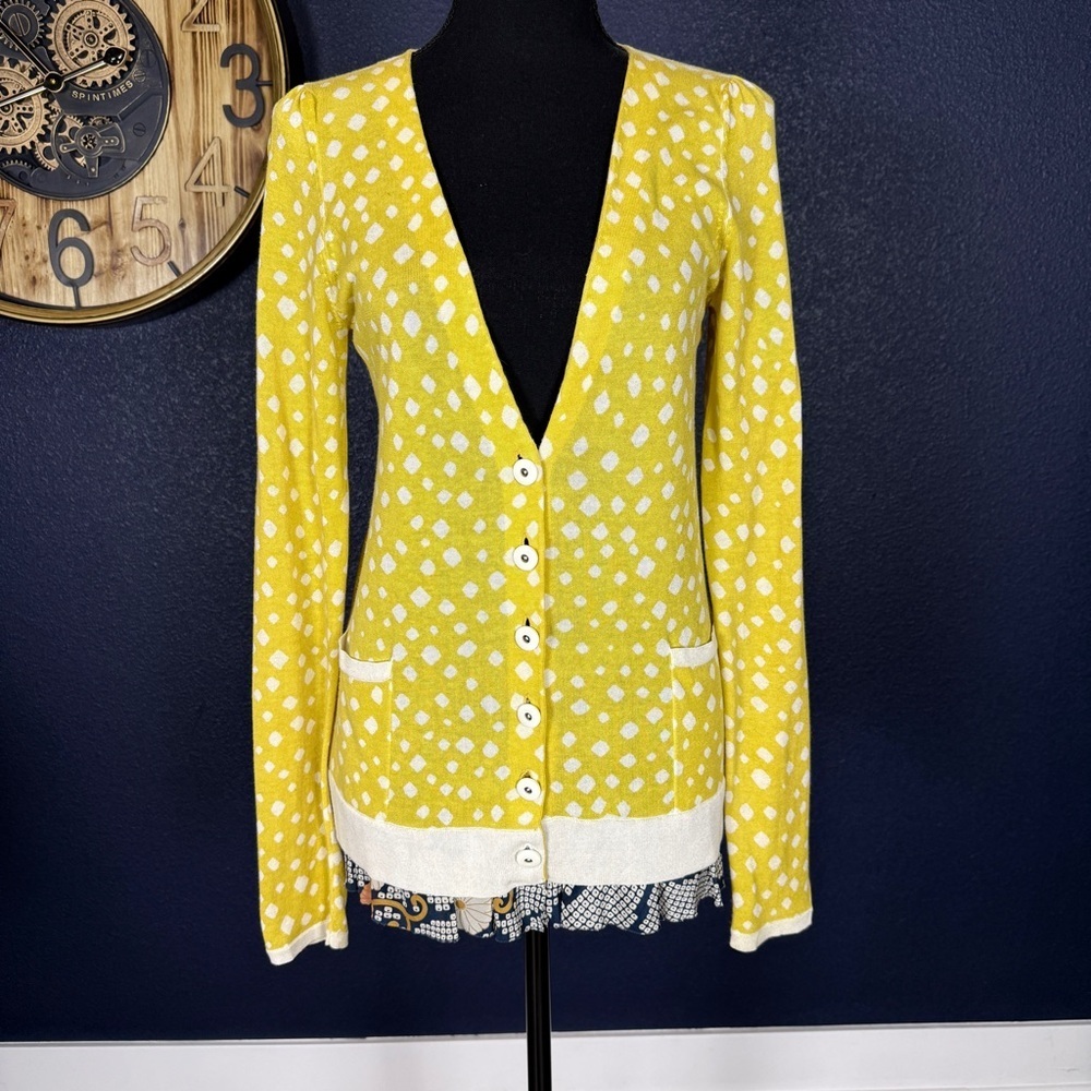 Leifsdottir Vintage Anthropologie Yellow and White Dot Cardigan | Size Small